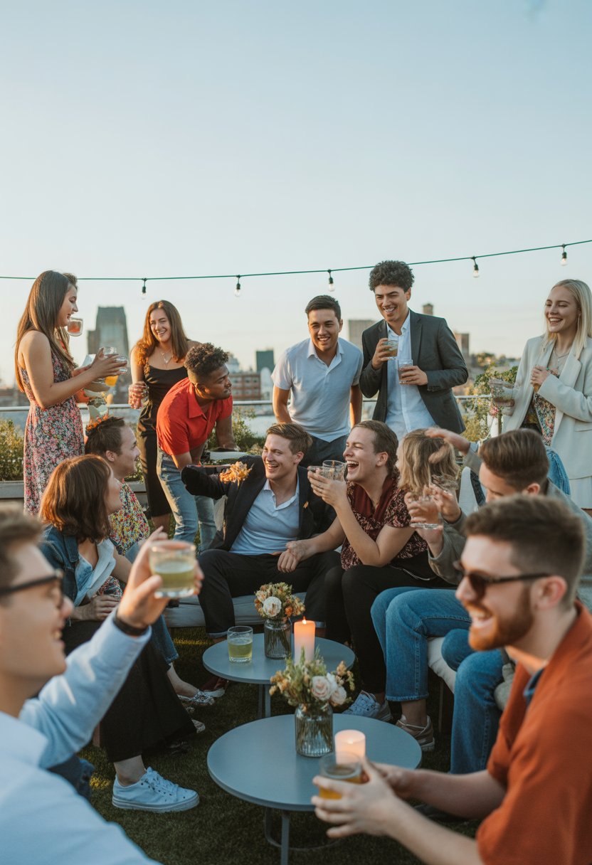 A group of young adults enjoying a casual engagement party on a rooftop with string lights and city skyline in the background.